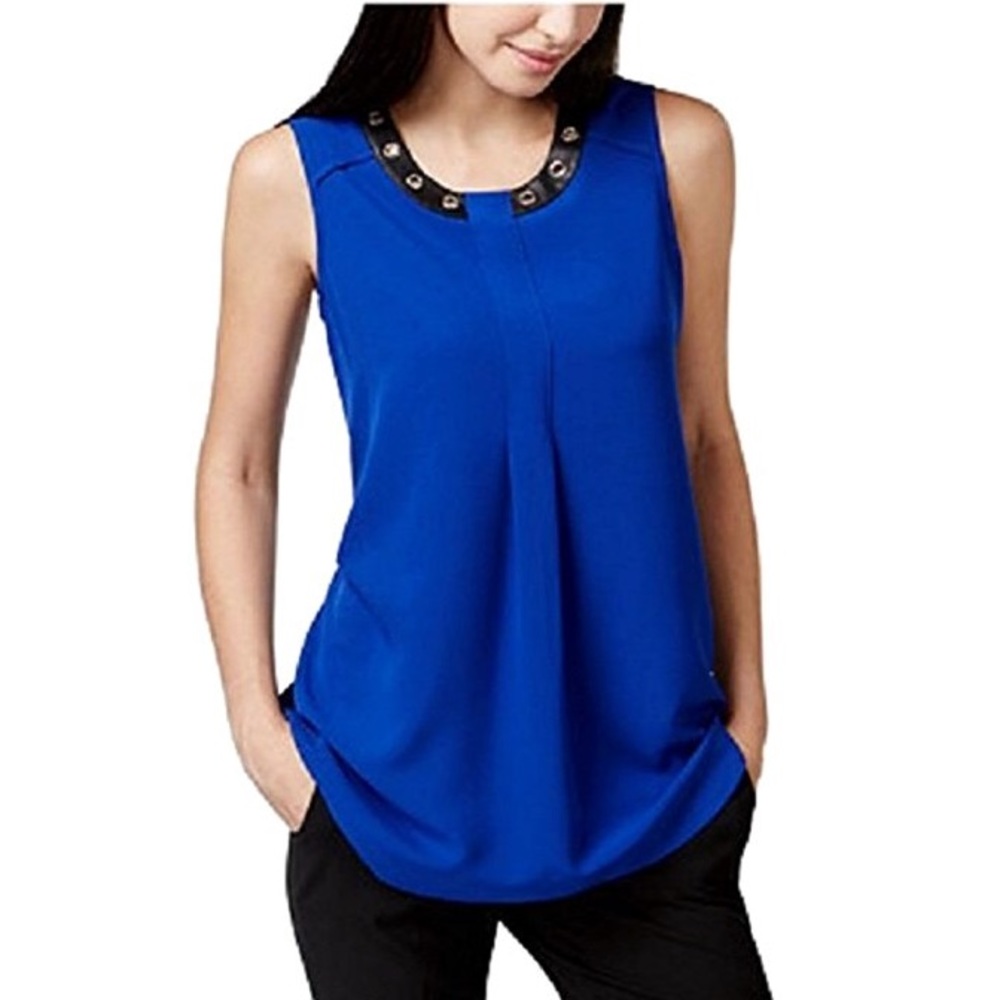 Alfani Blue Faux Leather Trim Tunic